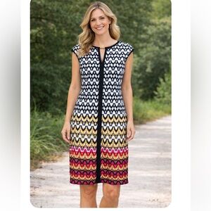 ROZ & ALI Black & White Geometric Pattern Cap Sleeve Shift Dress 6 NWOT